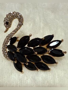 Gold Swan Brooch with Black Crystal Feathers Elegant Designer Style